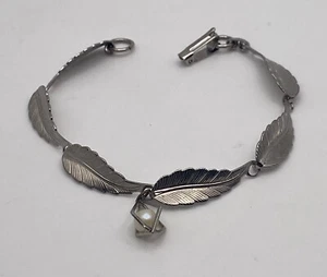 Vintage strukturiert silberfarben Feder Glieder Armband Käfig Kunstperlen Tropfen Charm - Bild 1 von 13