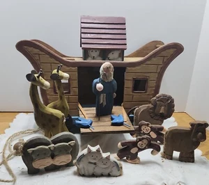Noah's Ark W Animals Wooden Vtg Handcrafted wooden toy 12 Pc Set Religious Decor - Picture 1 of 20