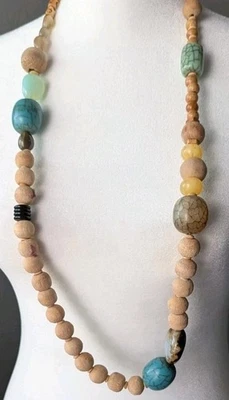 Collar Largo Azul Turquesa Jaspe Mar Sedimento Madera Cuentas Playa Boho Tostado Foto 1 de 4