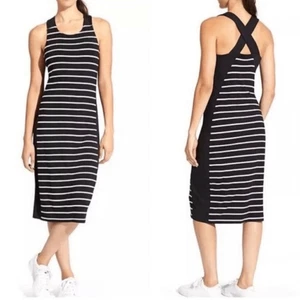 Athleta Getaway Midikleid schwarz weiß gestreift gekreuzter Rücken Small - Bild 1 von 11