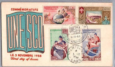 LAOS 1958 POSTAL CACHET ILLUSTRATED FDC COVER MULT FRANKING COMM UNESCO PIC CANC - Image 1 of 2