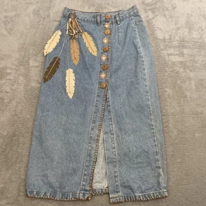 VTG Gitano Denim Skirt Womens 9/10 Medium Blue Leaf Embellished Boho Hippie 80s - Picture 1 of 17