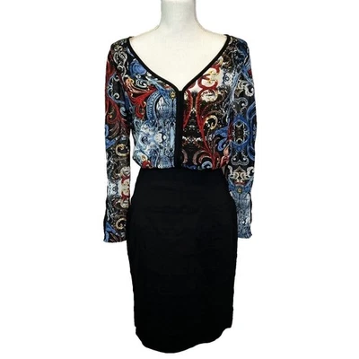 Nicole Miller New York Black & Scroll Print Dress Long Sleeve Pencil Midi size 6 - Image 1 of 4