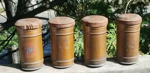 4 ANTIQUE APOTHOCARY COPPER CANNISTERS  POWDERED PUMICE GENERAL / DRUG STORE - Picture 1 of 24