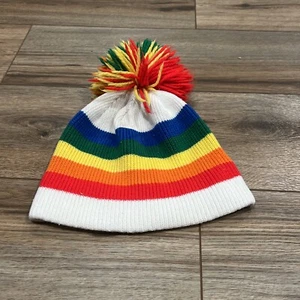 Vintage 80s KIDS Ski Winter Cap Beanie Pom Pom Ivory 100% Wool Rainbow Child’s - Picture 1 of 7