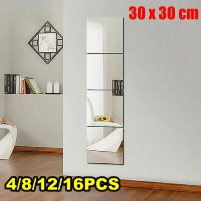 Large Mirror Tiles Wall Sticker Acrylic Self Adhesive Stick On AntiShatter Decor - Image 1 of 4
