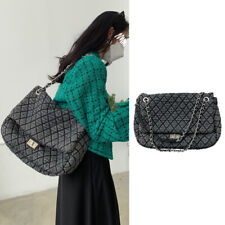 Large Quilted Denim Shoulder Bag Flap Purse Handbag w/ Chains Fashion Hobo Tote