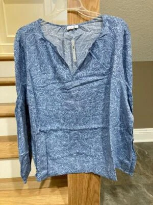 Camisa popover Gap nova com etiquetas feminina tamanho XXL azul paisley gola V mangas barman - Imagem 1 de 4