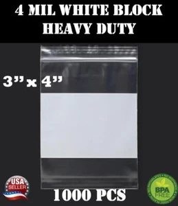 1000 - 3" x 4" Zip Seal Reclosable 4Mil Top Lock Bags White Block Heavy Duty - Picture 1 of 6