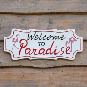 Welcome To Paradise Sign Pink Flamingo Metal Beach She Shed Garden Decor New - Picture 1 of 1