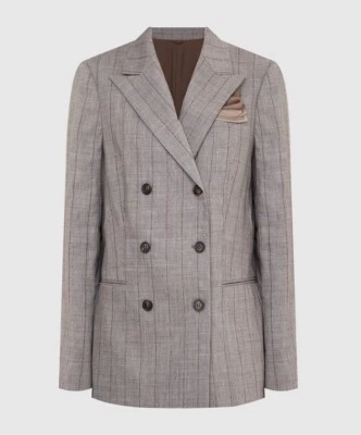 Brunello Cucinelli Gray Striped Linen-Wool Double Breasted Blazer - Size 40 - Image 1 of 4