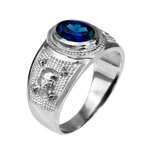 Sterling Silver Skull and Bones Sign Blue Sapphire CZ September Birthstone Ring - Picture 1 of 2