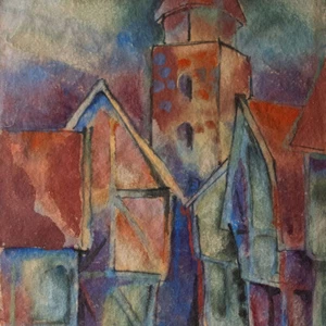Cubismo casco antiguo entramado acuarela artista desconocido monograma 1948 - Imagen 1 de 4
