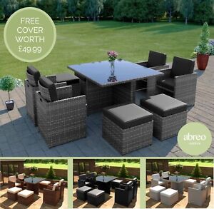 Rattan Garden Furniture 8 Seater Dining Table Cube Set with Arm Chairs & Stools