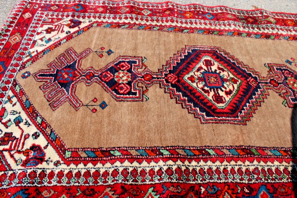 Alfombra de lana oriental vintage anudada a mano de 4 × 6 pies - diseño geométrico rojo rico Foto 1 de 4