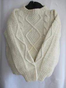 Suéter Aran, Jersey Tejido a Mano, Cuello Redondo, Lana, Crema, X Grande, 52" Pecho - Imagen 1 de 12