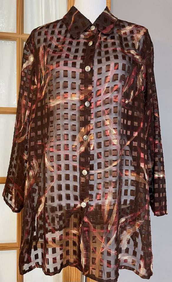 Blusa Geométrica Transparente Años 80 De Colección 1X Roja Marrón Abotonada Manga Larga Fiesta Carrera Foto 1 de 4