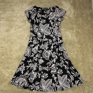 Lauren Ralph Lauren Dress M black Floral Stretch cap sleeve round neck - Picture 1 of 15