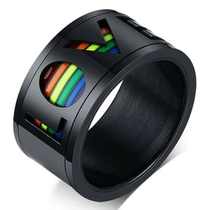 11mm Stainless Steel Black "LOVE" Rainbow Spinning Band Ring Gay Pride - Picture 1 of 4