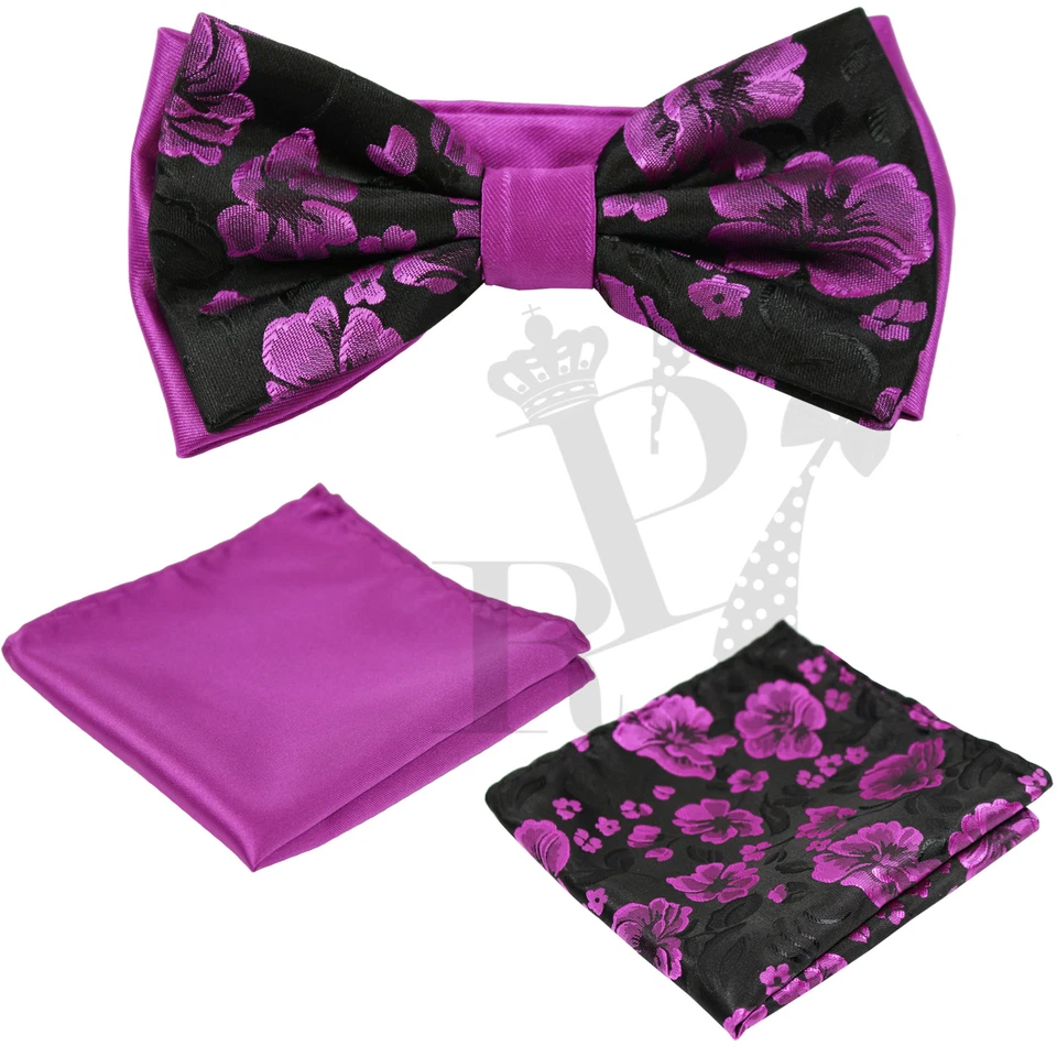 Floral Design Two Tone Pre-tied Bowtie And Two Style Hankie Set Wedding BT2T104 - Image 1 of 1