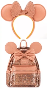 Disney Loungefly Minnie Mouse Lentejuelas Mini Mochila y Orejas Set Melocotón Punzón Nuevo con Etiquetas - Imagen 1 de 7