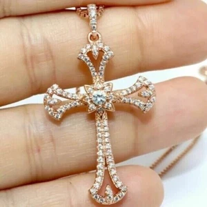 2.50Ct Round Cut Lab-Created Diamond Flower Cross Pendant 14K Rose Gold Plated - Picture 1 of 7