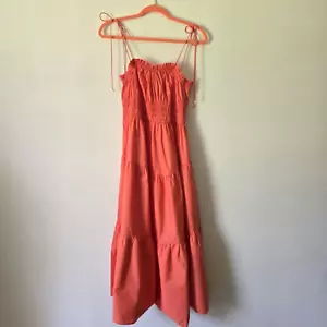 Kivari Size 8 Casini Midi Dress Coral Tiered Strappy Smocked Pockets Cotton NWT - Picture 1 of 11