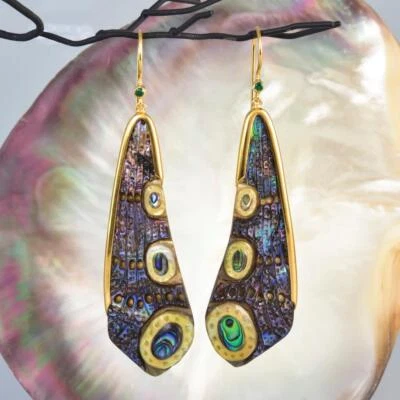 Dragonfly Wing Earrings Abalone Carving Gold Vermeil Sterling Emerald 10.46 g - Image 1 of 4