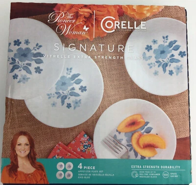 THE PIONEER WOMAN 4 PC APPETIZER PLATE SET BY CORELLE EVIE BLUE FREE SHIPPING - Image 1 of 4