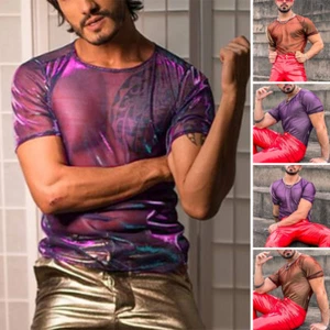 Summer Mens Short Sleeve Mesh See Through Shiny Blouse Party Clubwear Tee Tops - Picture 1 of 14