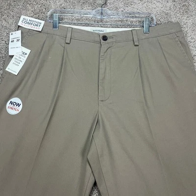 Dockers Mens Classic Fit Pleated Stretch Tan Khaki Pants 40x32 Comfort Waist NEW - Image 1 of 4