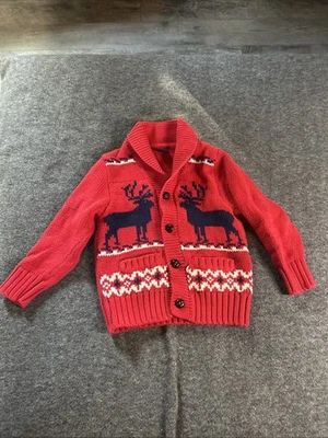 Janie and Jack Boys Red Christmas Reindeer Sweater Size 4 Holiday Winter - Image 1 of 4