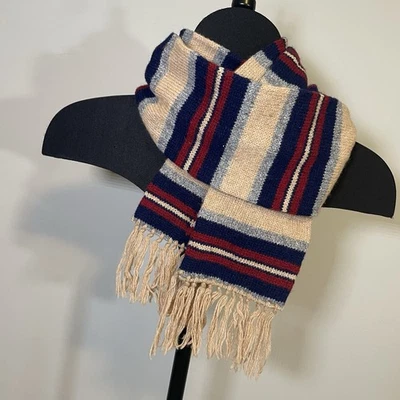 Shetland Wool Woven England Scarf Vintage Fringe Navy Red Tan Gray Stripes - Image 1 of 4