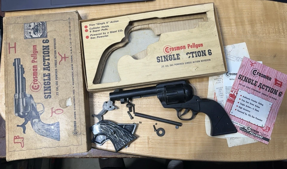 Crosman Pellgun Single Action 6 .22 Cal Gas Powered Revolver BOX, & parts - Image 1 of 4