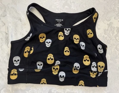 Sujetador Deportivo Torrid Active Talla 0 Negro Dorado Plata Brillo Calaveras Corredor Espalda Foto 1 de 4