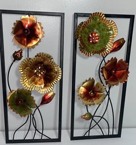 Set of 2 Metal Colorful Floral Rustic Tin Wall Deco 17.5" x 8" - Picture 1 of 6