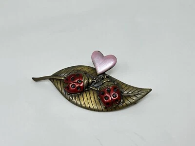 Vintage JJ Jonette Jewelry Brass Colored Leaf with Heart and Ladybugs Pin - Image 1 of 4