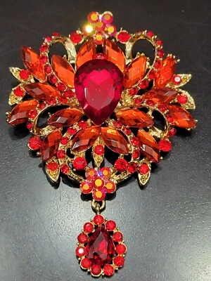 Huge Beautiful Red Glass Rhinestone Flower Floral Teardrop Crown Brooch CA P282 - Image 1 of 4