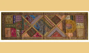 Green Color Hand Embroidered Antique Patch Wall Tapestry Runner Throw From India - Picture 1 of 5