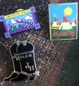 VTG 3 LOT WYOMING ENAMEL PINS SOUVENIR JACKSON HOLE BOOTS TEPEES MOUNTAINS EUC - Picture 1 of 9