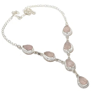 Pink Rose Quartz Gemstone Handmade 925 Sterling Silver Jewelry Necklace Sz 18" - Picture 1 of 1