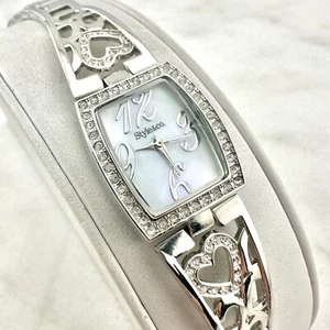 Womens Style & Co SC1302 Silver Rhinestone Hearts Bracelet Watch - New battery - Picture 1 of 14