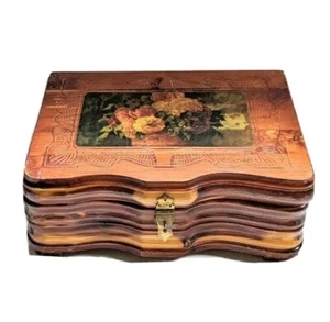 Vintage Floral Picture Top Engraved Martha Washington Jewelry Box Casket - Picture 1 of 10