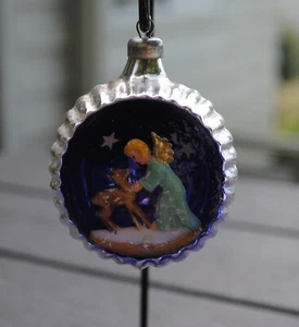 RARO De Colección Indentación Diorama Ornamento Ángel y Ciervo Cervatillo Plata Azul Vidrio Italia - Imagen 1 de 6