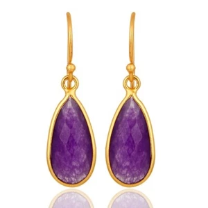 Purple Chalcedony Drop Dangle Earrings in Gold Plated For Birthday Gift Jewelry - Picture 1 of 5