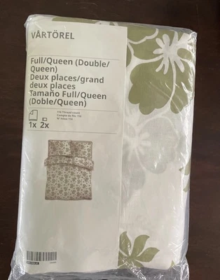 IKEA VARTOREL Full/Queen Duvet Cover & 2 Pillow Shams White W/Olive Green Flower - Image 1 of 4
