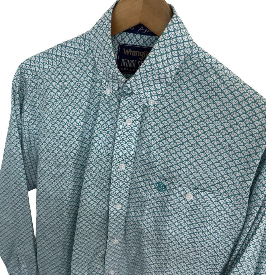 Camisa Western Wrangler George Strait Para Hombre Geométrica Verde Blanca Talla Mediana Foto 1 de 4