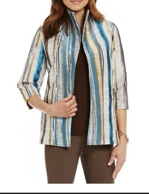 Chaqueta Blazer Abrigo Mediano IC Collection By Connie K Para Mujer Rayas Frente Abierto Foto 1 de 4