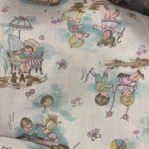 CHILDREN PLAYING SWING SANDBOX BUNNY BUTTERFLY VTG FABRIC 4 Yards Pinks, Aqua - Picture 1 of 5