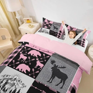 Rustic Camping Bedding Set For Boys, Hunting Elk Deer Comforter Cover Twin Si... - Picture 1 of 9